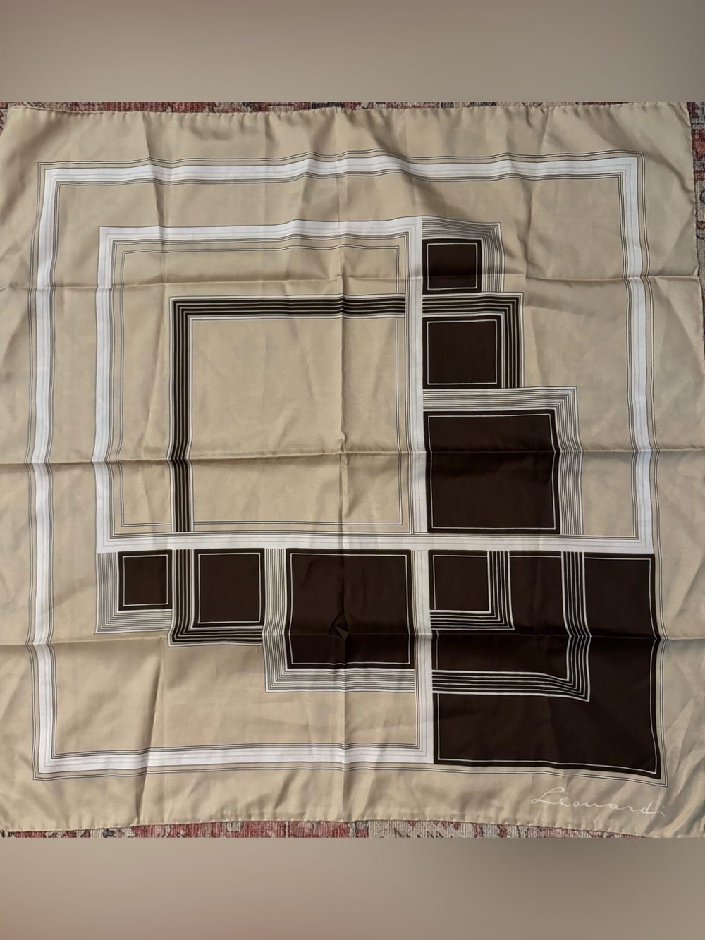 Vintage Leonardi Geometric Brown & Cream  Polyester Scarf